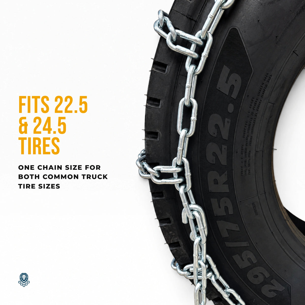 Twist link tire chains fitted on both tires of a dual wheel, with the Cargo Control Center storage bag in front