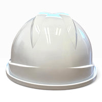 White hard hat seen from the back, showing the two raised ribs on the crown and the narrow rim at the base.