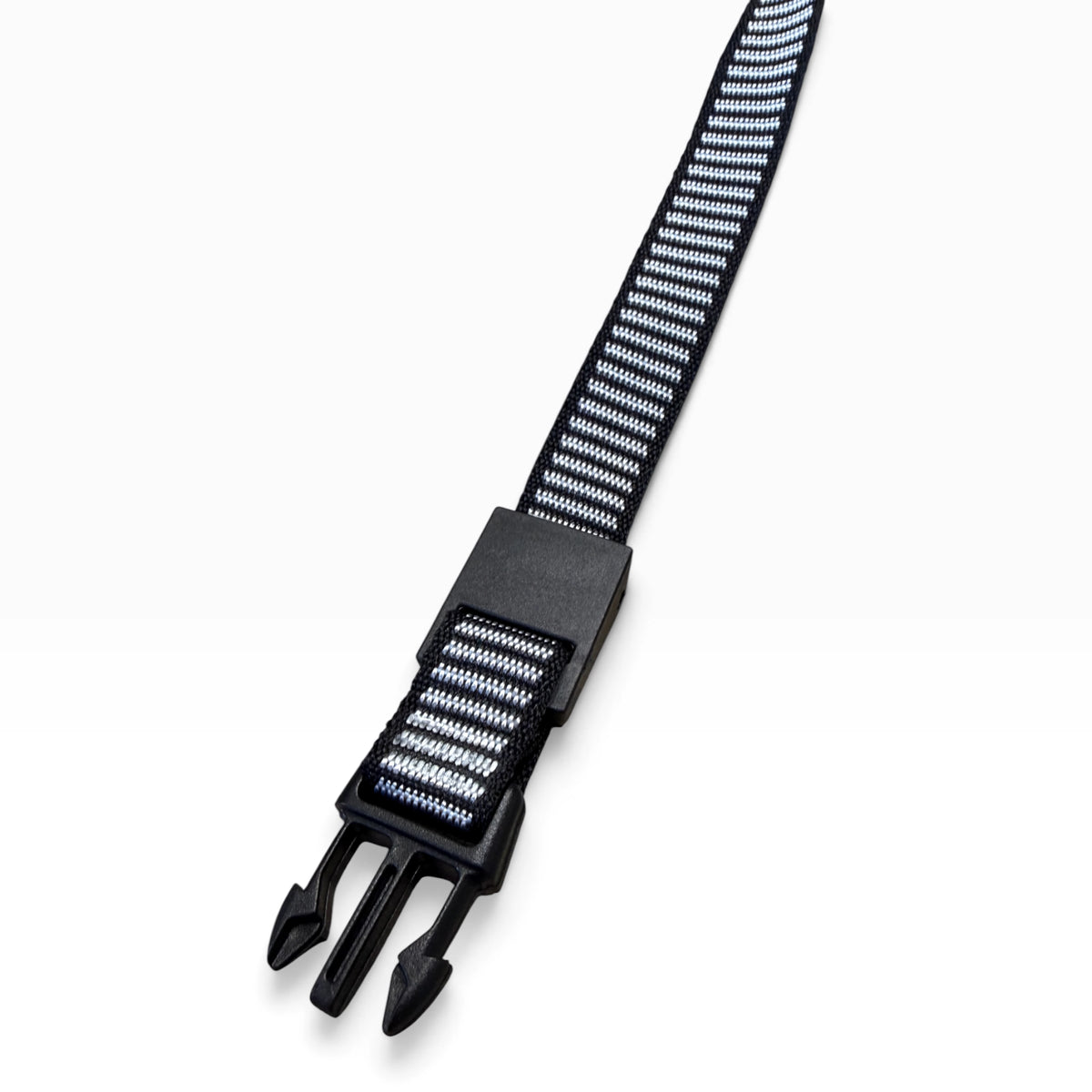 Close-up of the hard hat chin strap end with its three-prong buckle clip and striped webbing.