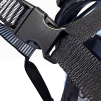 Close-up of the chin strap's black side-release buckle joining the striped strap to plain black webbing.