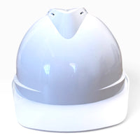 White hard hat viewed straight-on from the front, showing its rounded brim and shell.