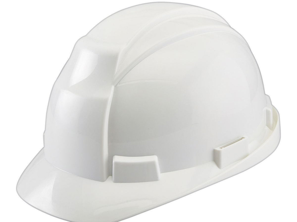 White hard hat shown at a front angle with a smooth brim and ridged dome shell