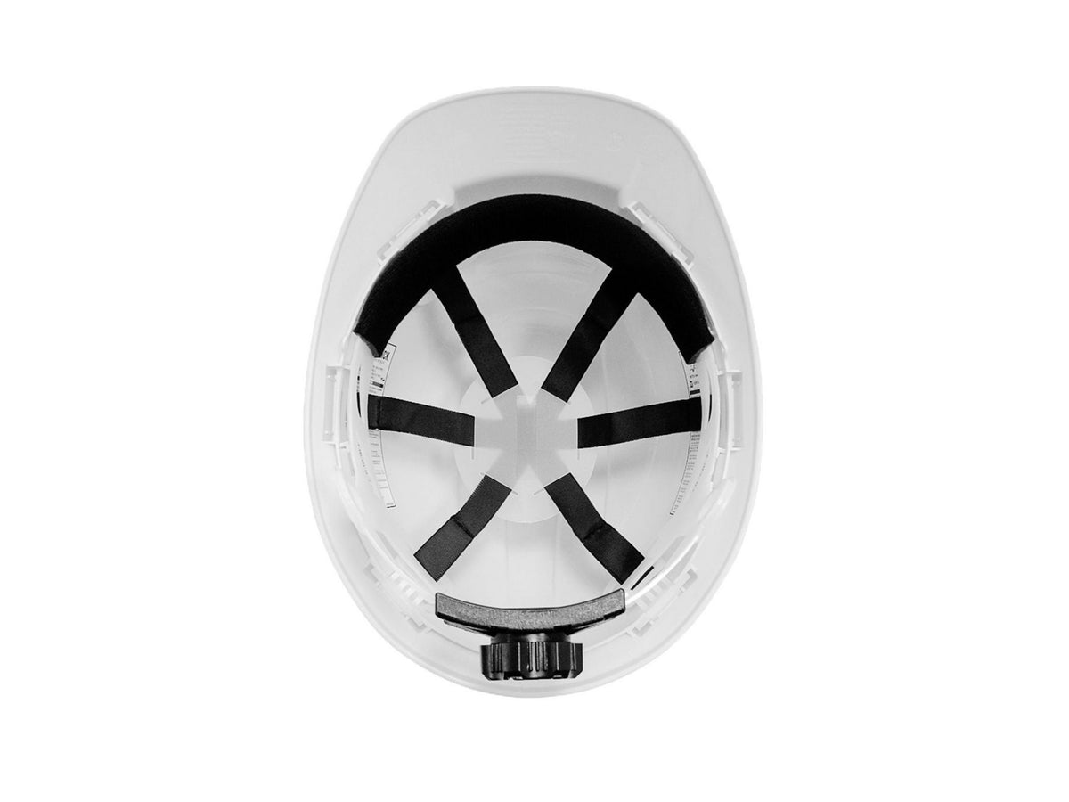 Underside view of the hard hat showing the 6-point ratchet suspension straps and adjustment dial