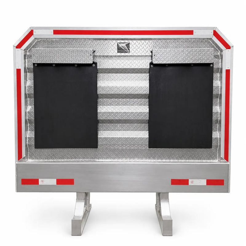 Aluminum headache rack with red and white reflective DOT tape, black tarp panels and diamond plate trim