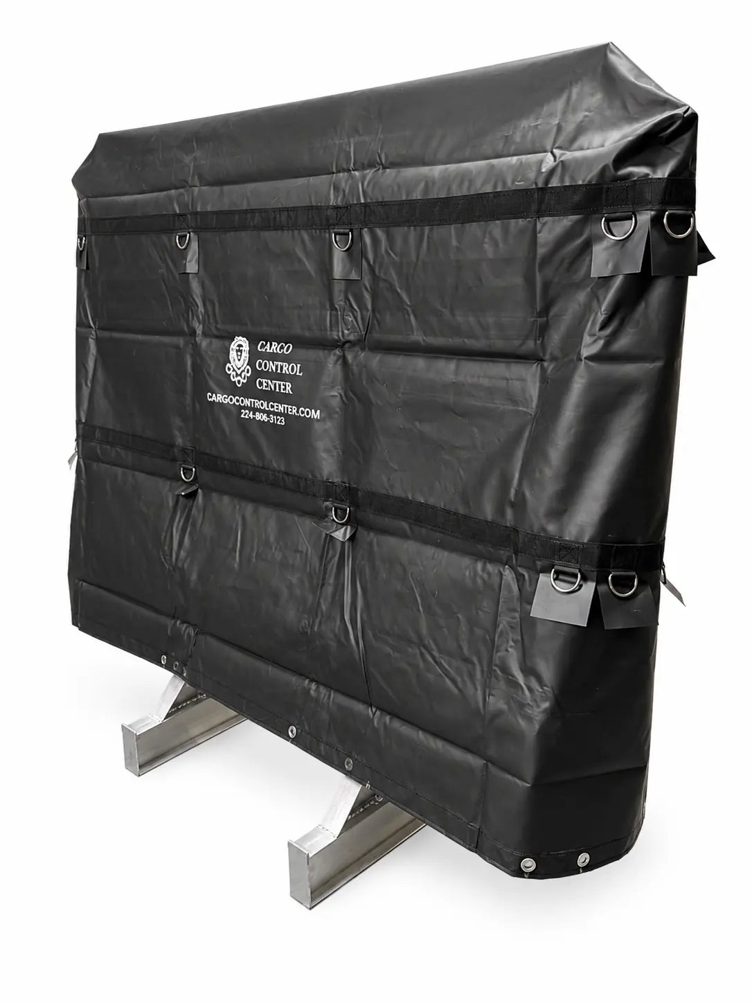 Three-quarter angle view of the vinyl cover fitted over a headache rack, showing the fold at the top corner