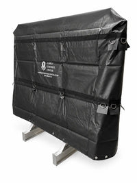 Three-quarter angle view of the vinyl cover fitted over a headache rack, showing the fold at the top corner