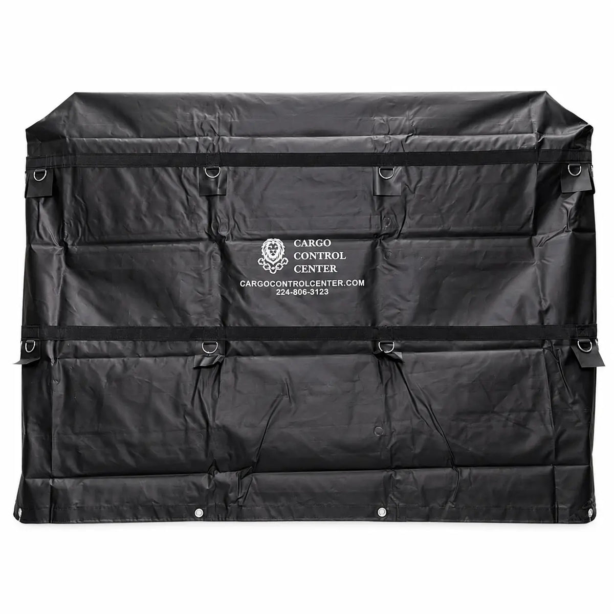 Front view of the black vinyl headache rack cover laid flat, showing the printed logo and stitched panel seams