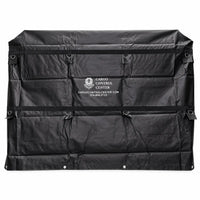 Front view of the black vinyl headache rack cover laid flat, showing the printed logo and stitched panel seams