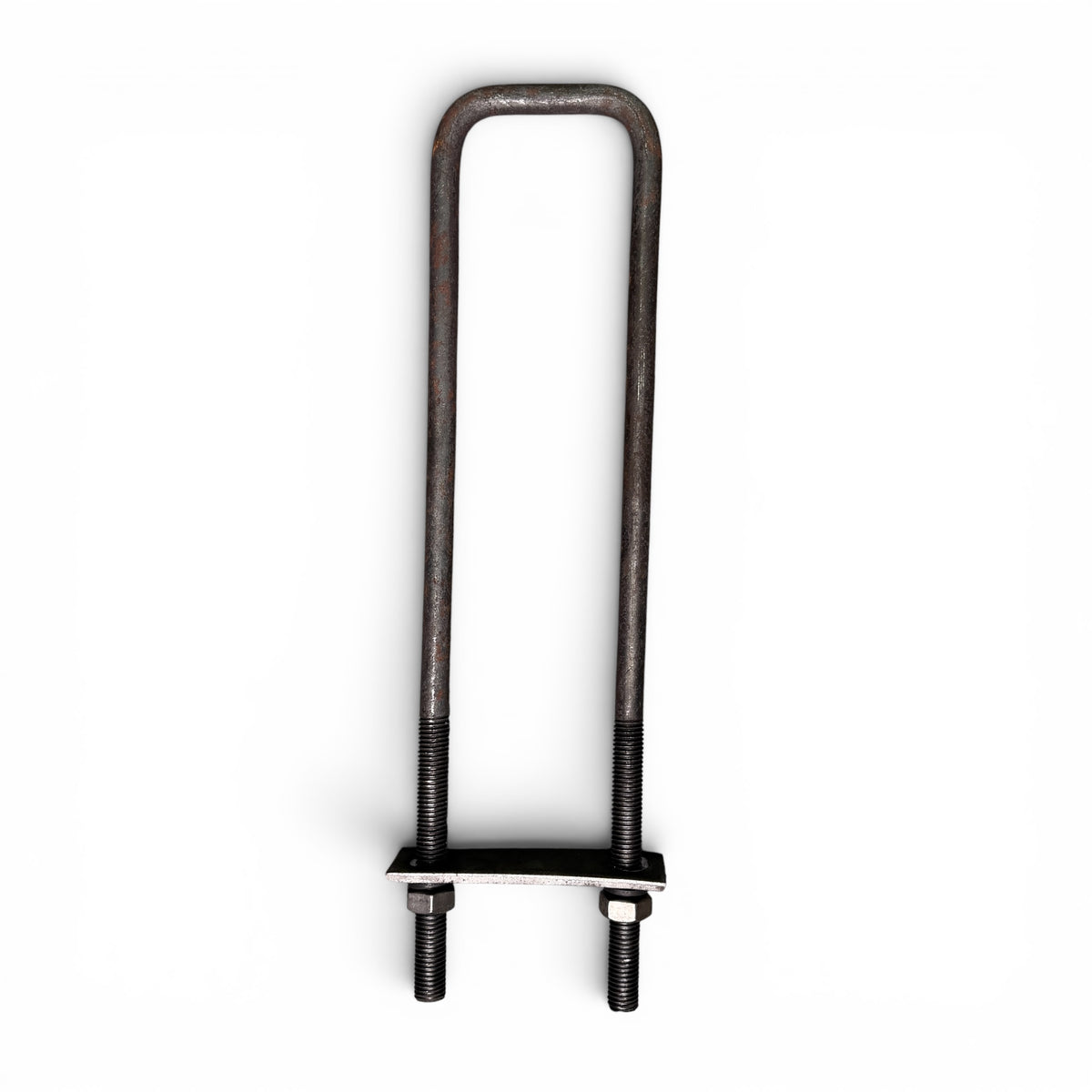 Single U-bolt shown full length with its mounting plate and hex nuts installed at the base