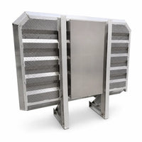 Back view of the aluminum headache rack with tool box, showing the flat rear panel and support legs