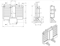 Dimensional line drawing of the headache rack with tool box, showing width, height, depth and mounting measurements