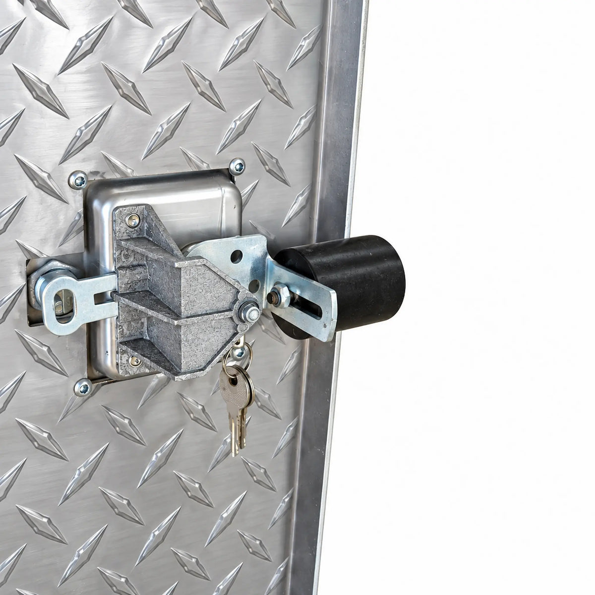 Inside of the door: the T-lock's latch mechanism with its black roller, keys hanging from it