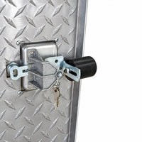 Inside of the door: the T-lock's latch mechanism with its black roller, keys hanging from it
