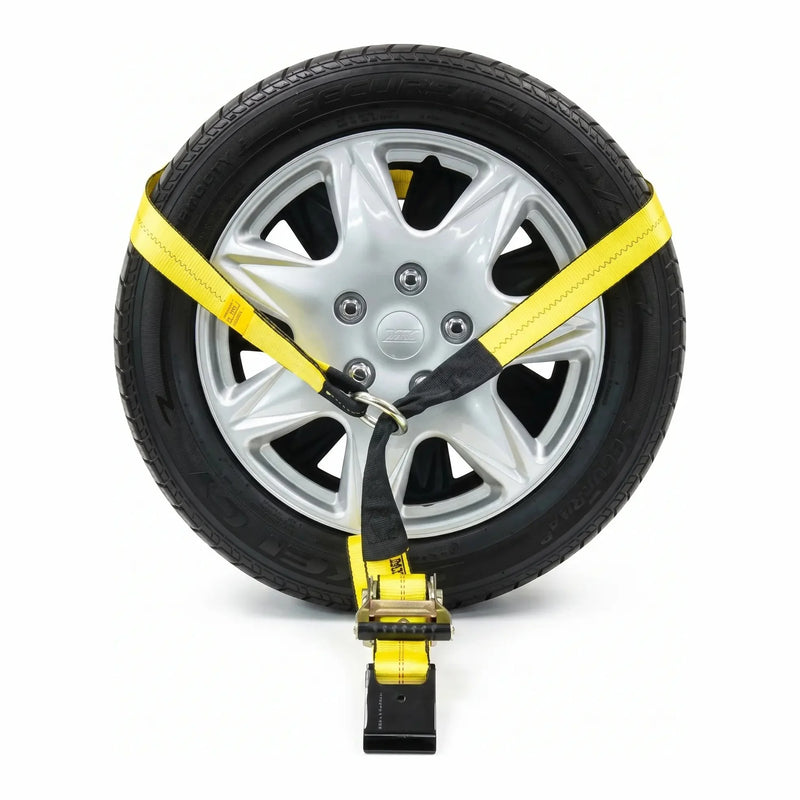 2 in lasso strap crisscrossed over a car wheel and tire, ratchet and flat hook mounted at the bottom