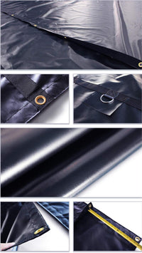 Collage of tarp details: grommets on the hem, a D-ring, the fabric texture, a folded corner, a tape measure at a grommet