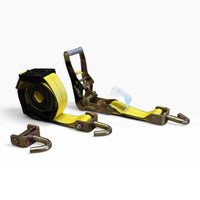 2 in over-the-tire ratchet strap coiled next to its ratchet handle and two loose metal hooks