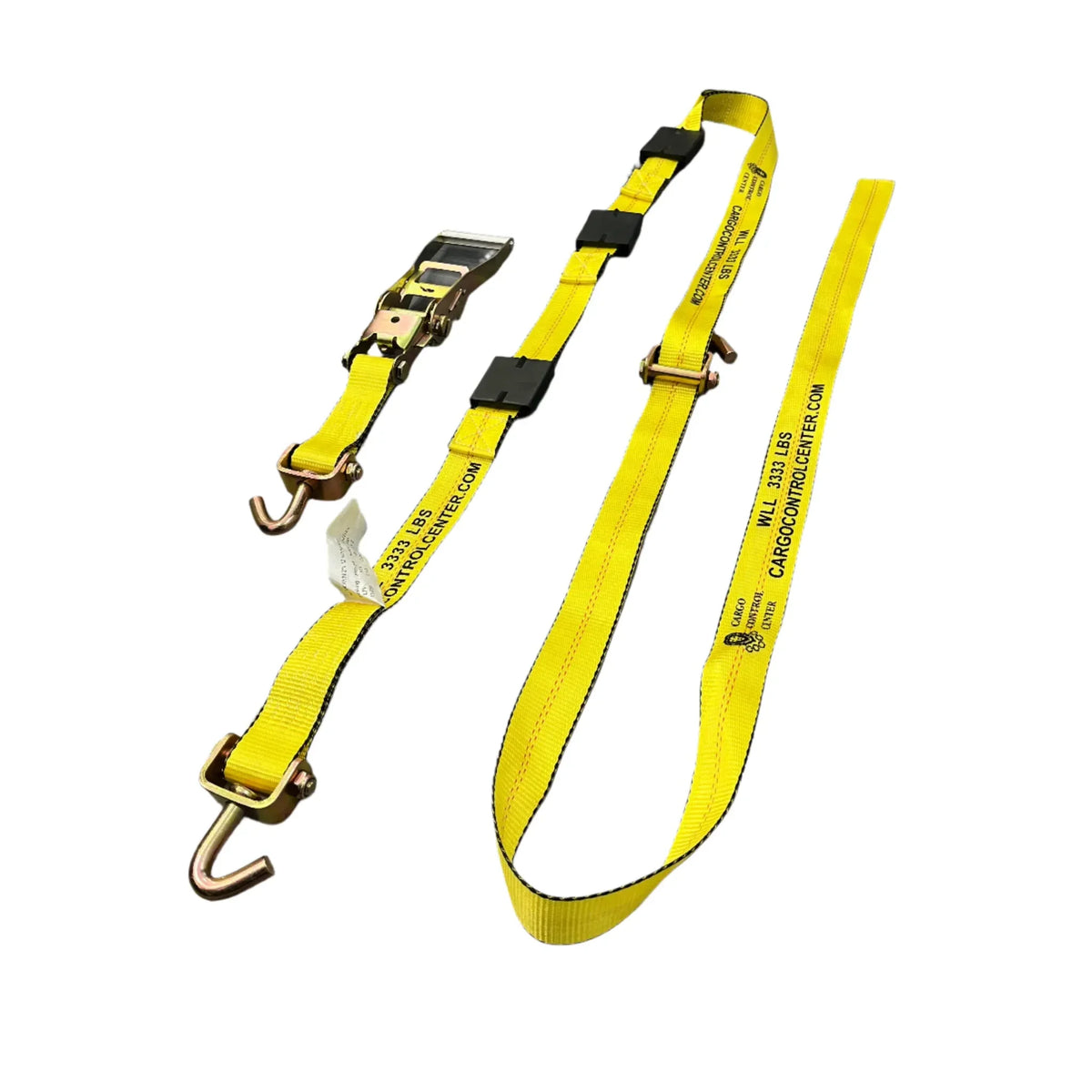 The full 2 in x 12 ft strap laid flat: ratchet and hook on one end, hook on the other, WLL 3333 LBS printed on it