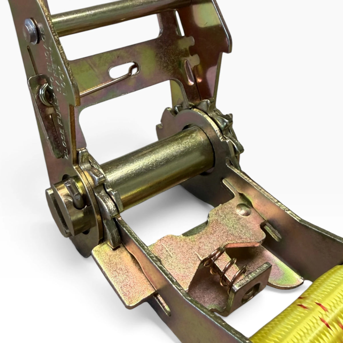 Close-up of the ratchet gear, spool and release pawl inside the handle