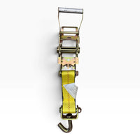 Full ratchet handle hanging with the strap and its printed instructions tag