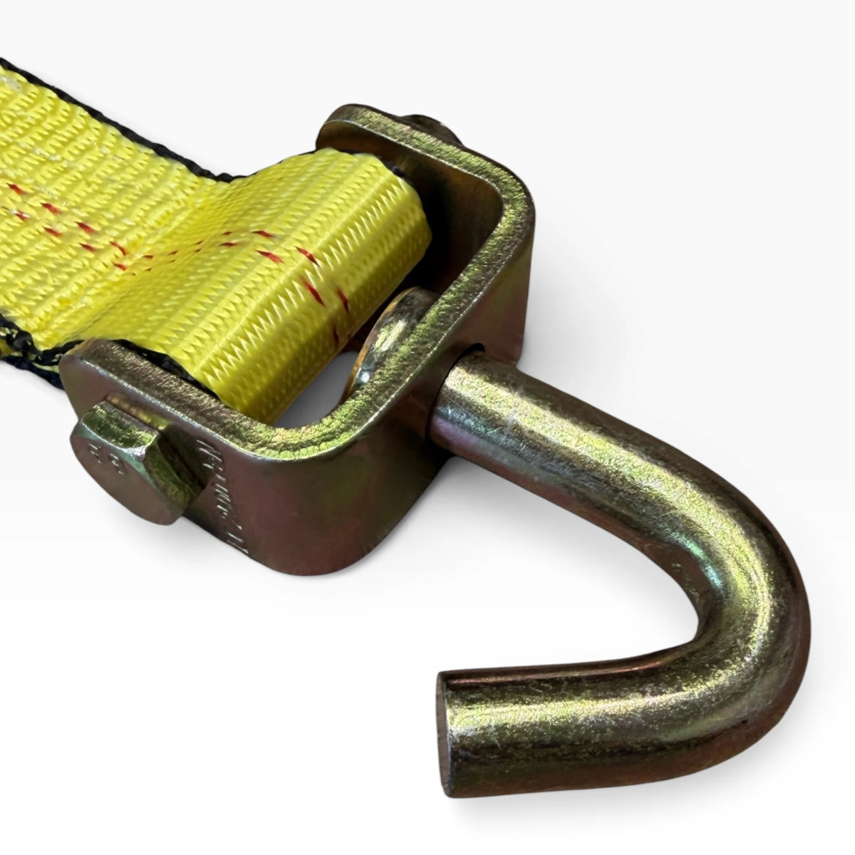 Close-up of the swivel J hook and its yellow zinc bracket riveted to the strap end