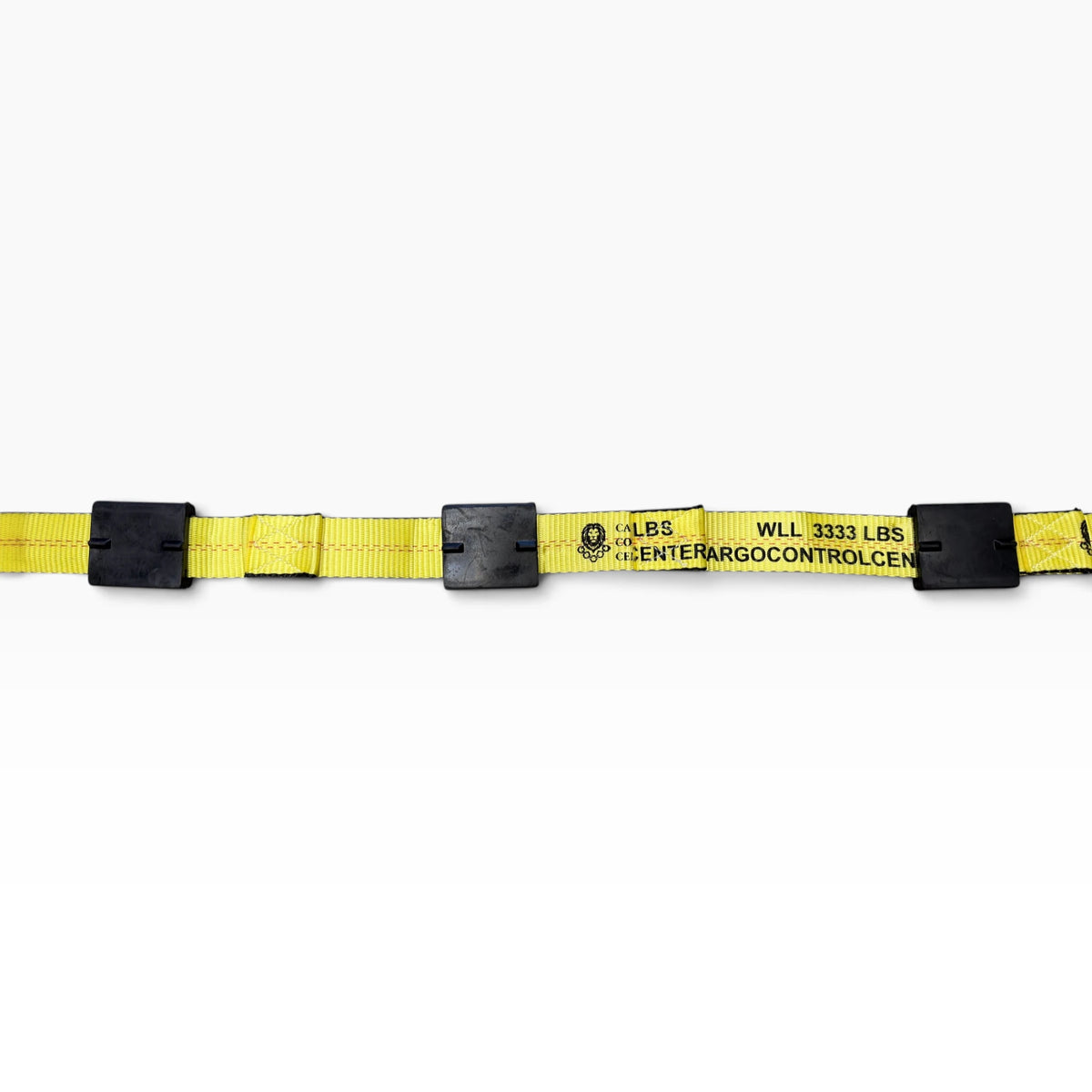 Straight-on view of the yellow webbing printed WLL 3333 LBS with three tread guards clipped on