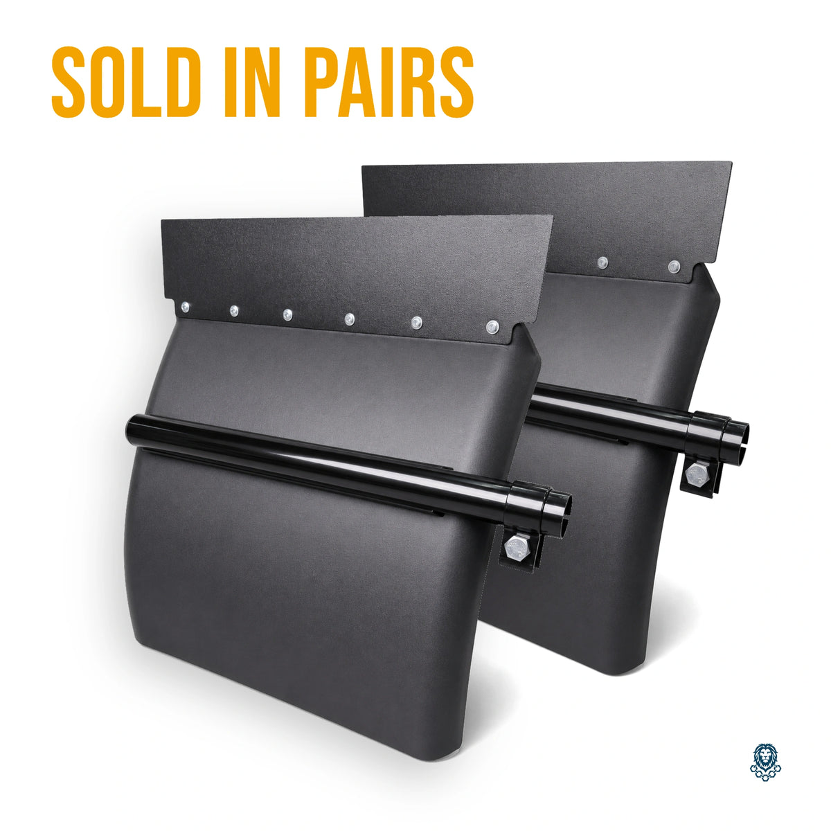 Pair of black poly quarter fenders, each with its top strip and mounting tube, under the words Sold in pairs