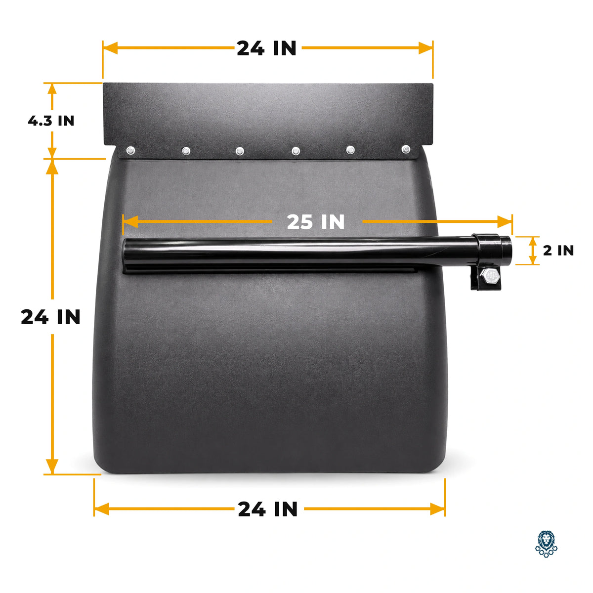 Black poly quarter fender with dimensions: 24 in wide, 24 in tall, 4.3 in top strip, 25 in long 2 in mounting tube