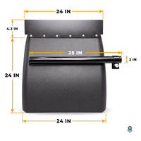 Black poly quarter fender with dimensions: 24 in wide, 24 in tall, 4.3 in top strip, 25 in long 2 in mounting tube