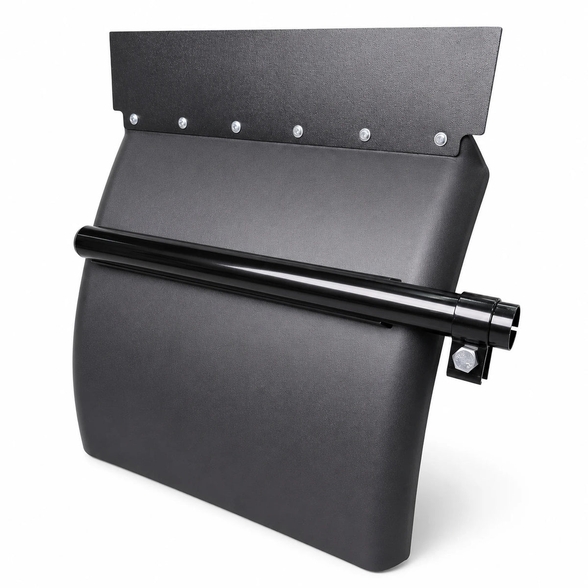 Black poly quarter fender from the front right, the frame clamp bolted on the end of its mounting tube