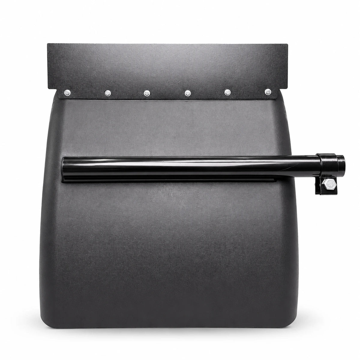 Textured black poly quarter fender straight on, six bolts along the top strip and the mounting tube across the face