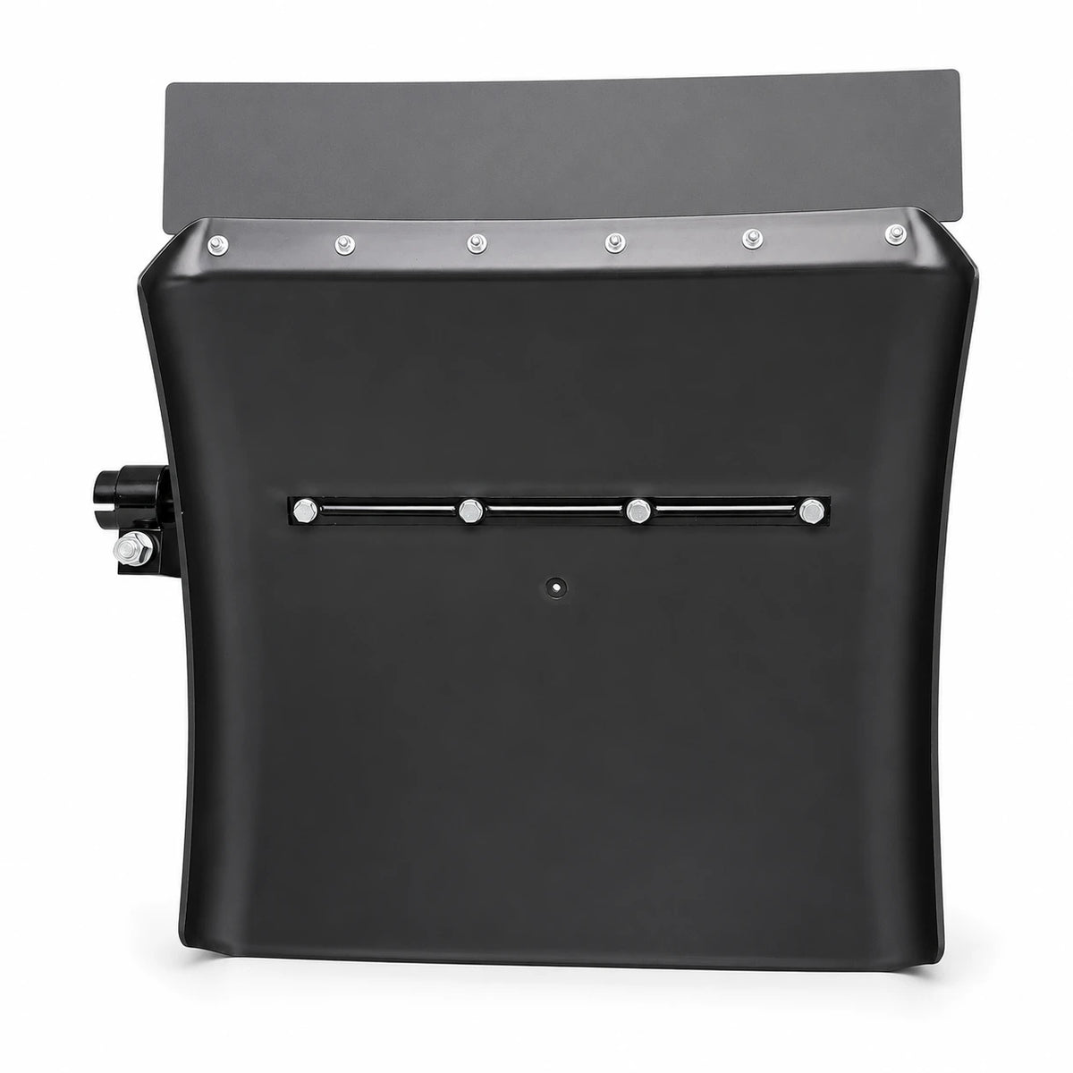 Inside of the black poly quarter fender straight on, the mounting rail held by four bolts