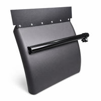 Black poly semi truck quarter fender with a black top strip and the mounting tube across its face, front left view