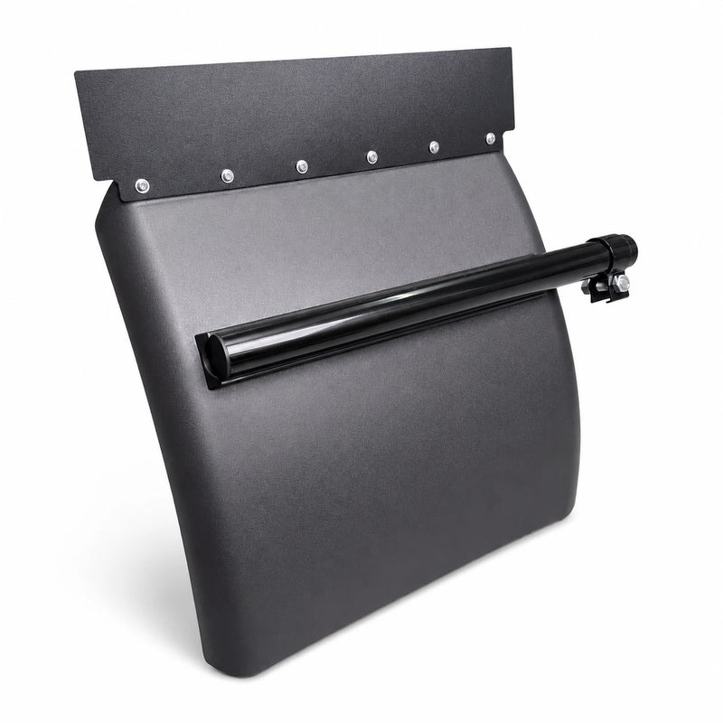 Black poly semi truck quarter fender with a black top strip and the mounting tube across its face, front left view