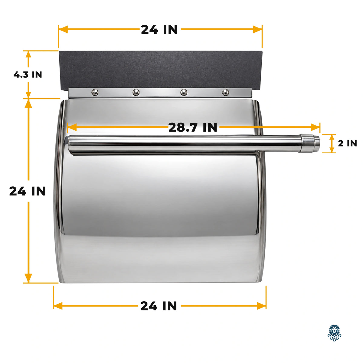 Stainless steel quarter fender with dimensions: 24 in wide, 24 in tall, 4.3 in top strip, 28.7 in long 2 in mounting tube