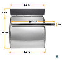 Stainless steel quarter fender with dimensions: 24 in wide, 24 in tall, 4.3 in top strip, 28.7 in long 2 in mounting tube