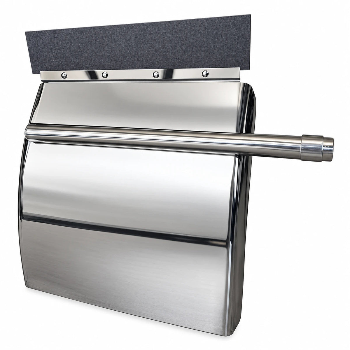 Stainless steel quarter fender from the front right, the polished mounting tube running across its mirror face
