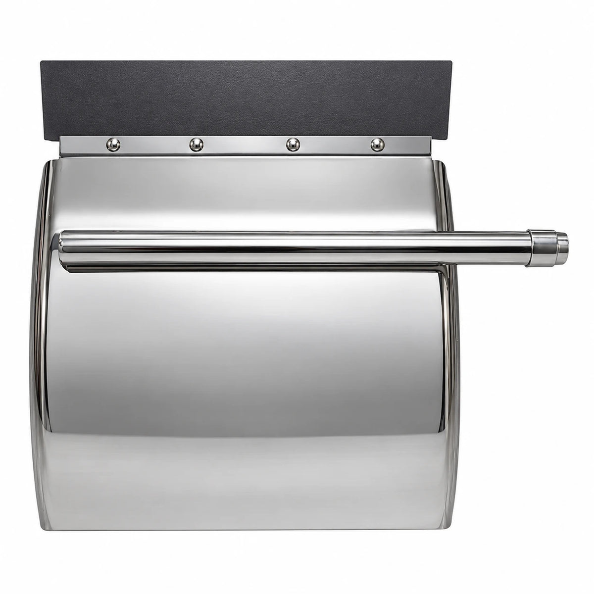 Mirror-polished stainless quarter fender straight on, four bolts along the top strip and the tube across the face