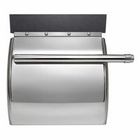 Mirror-polished stainless quarter fender straight on, four bolts along the top strip and the tube across the face