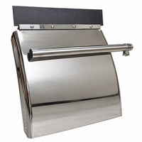Mirror-polished stainless steel semi truck quarter fender with a black top strip and mounting tube, front left view