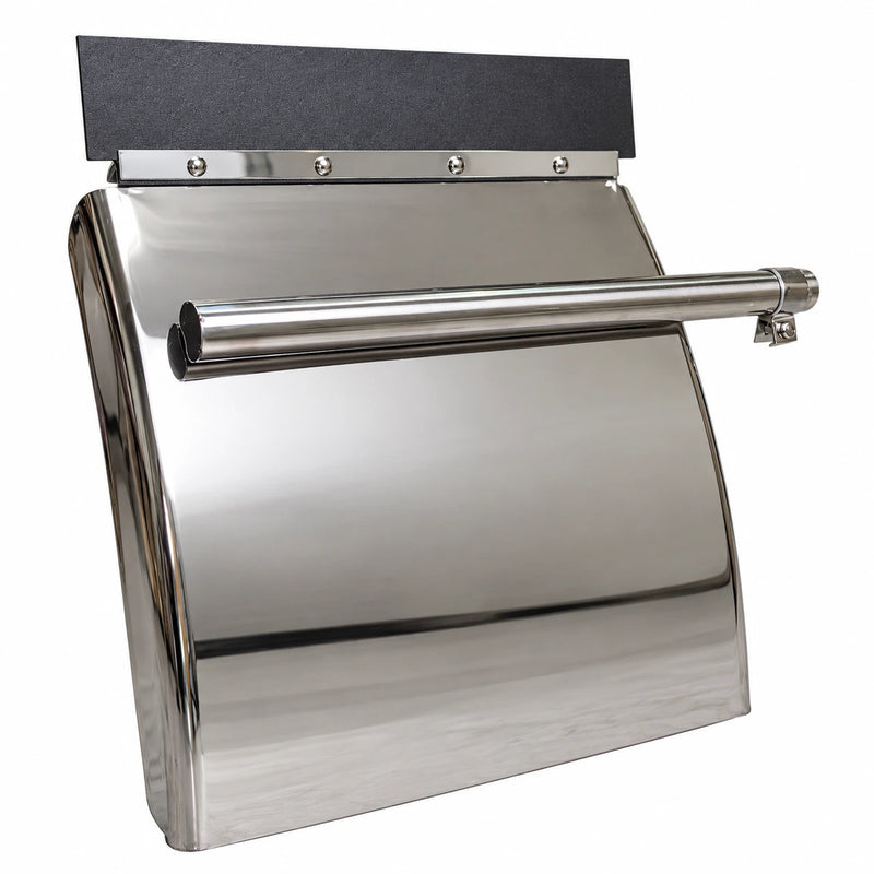 Mirror-polished stainless steel semi truck quarter fender with a black top strip and mounting tube, front left view