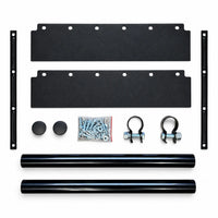 Quarter fender kit laid out: two black panels, two edge strips, two black mounting tubes, two clamps, two end caps and a bag of hardware