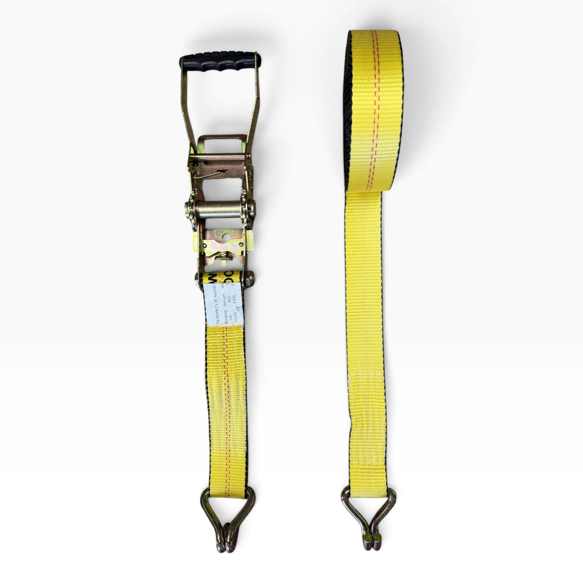 Both halves side by side: the ratchet end and the coiled end, each fitted with a wire hook.