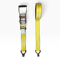 Both halves side by side: the ratchet end and the coiled end, each fitted with a wire hook.