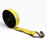 Rolled yellow webbing with the loose end stretched out to a zinc-plated wire hook.