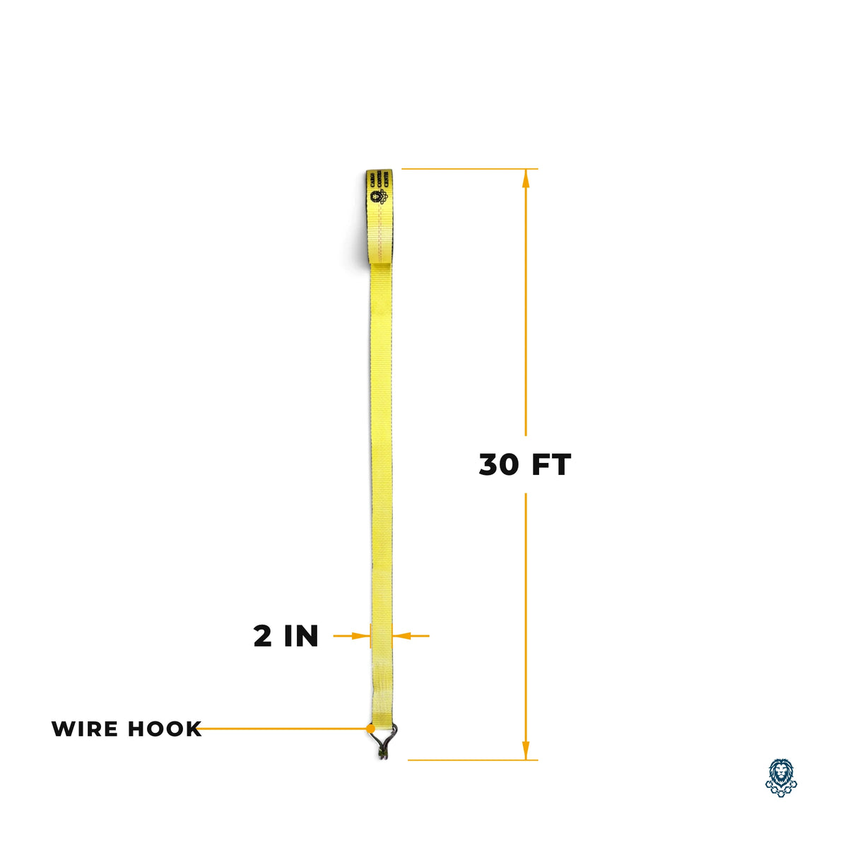 Diagram of the yellow strap with callouts for 30 ft length, 2 in width and wire hook.