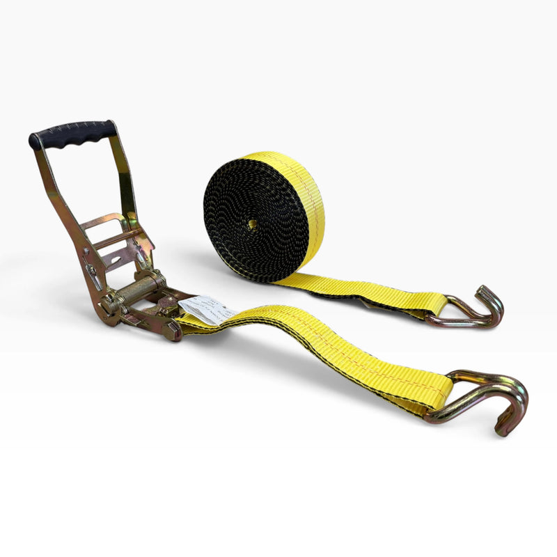 Full strap laid out: open ratchet, coiled yellow webbing and a wire hook at each end.