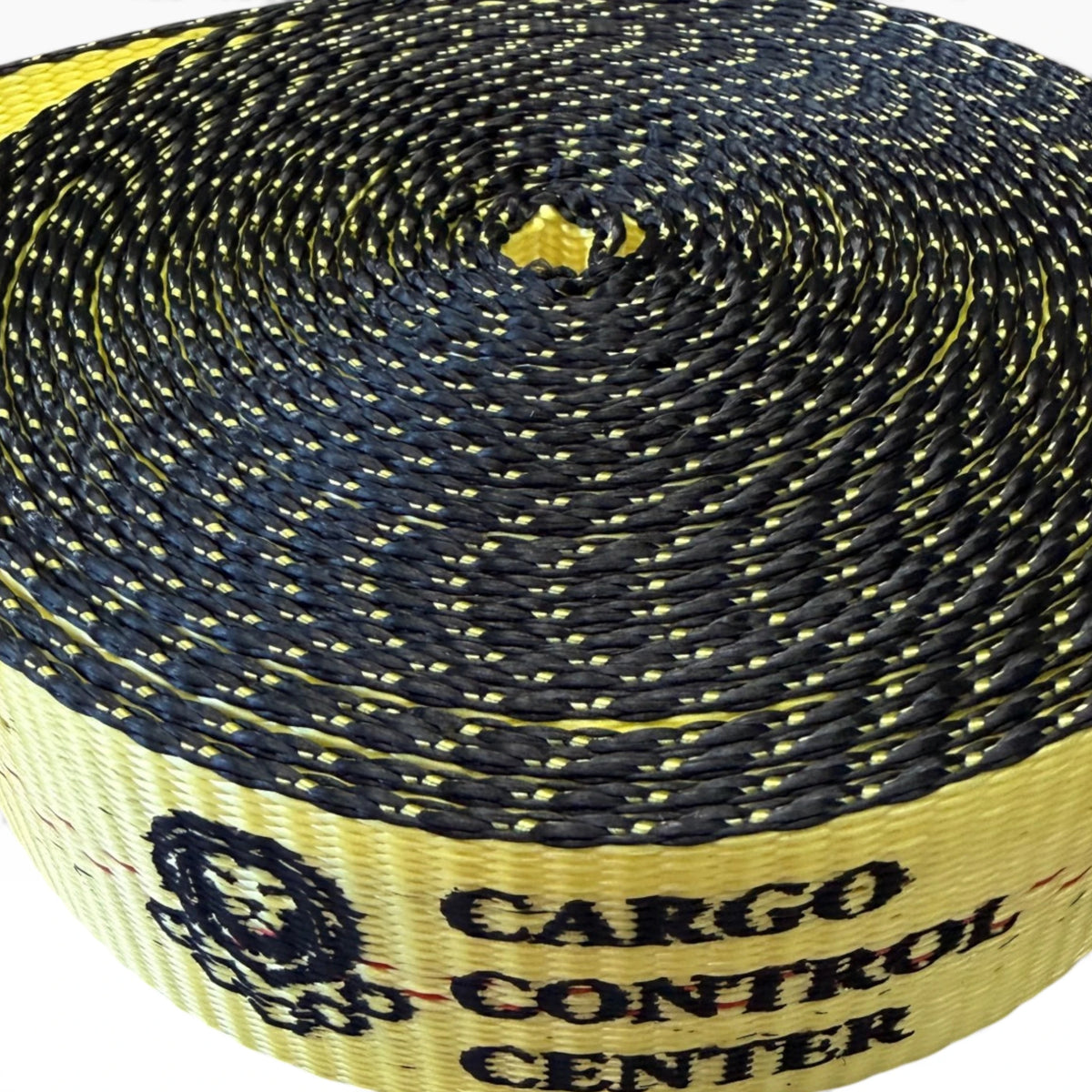 Extreme close-up of the coiled webbing showing its weave and the brand print along the edge.