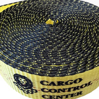 Extreme close-up of the coiled webbing showing its weave and the brand print along the edge.