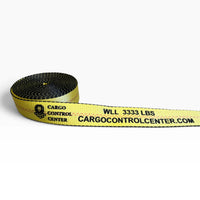 Partly unrolled yellow webbing showing the printed brand name and WLL 3333 LBS marking.