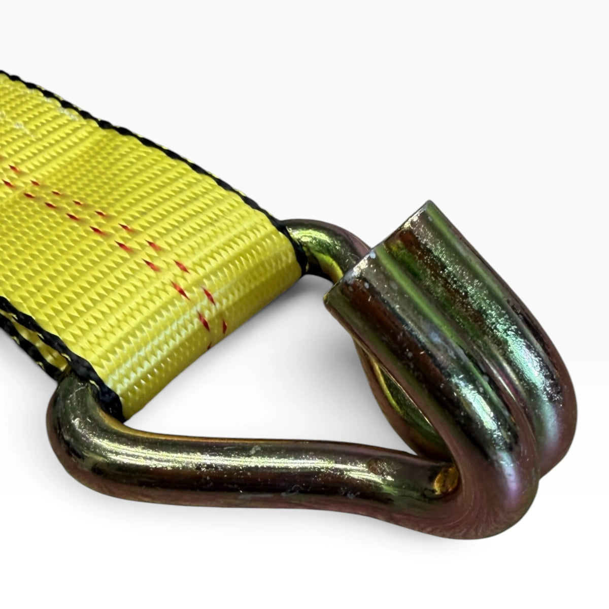 Close-up of the double-J wire hook sewn into the end of the yellow webbing.